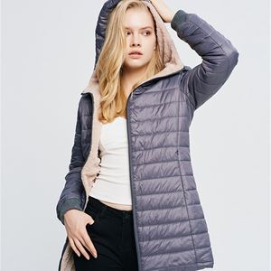 Winterjacke Frauen mit Kapuze Langarm dünne Fleece weibliche Slim Fit mittlerer Abschnitt Baumwollmantel 210923