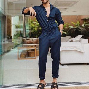 Jogging Clothing Men Jumpsuit Autumn Long Sleeve Thin Fashion Overalls Lapel Solid Single Breasted Plus Size