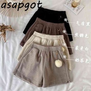 Asapgot Kvinnor Woolen Shorts Winter Spring Warm High Waist Wide Leg Koreanska Ladies Solid Färg Loose Feminino 210719