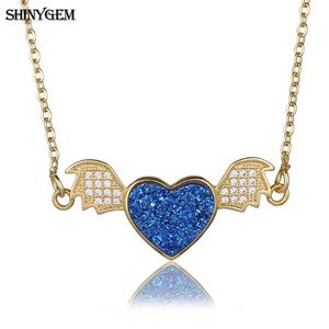 Pendant Necklaces ShinyGem Cute Angel Heart Necklace Sparkling Natural Druzy Stone Love CZ Crystal Wing For Women