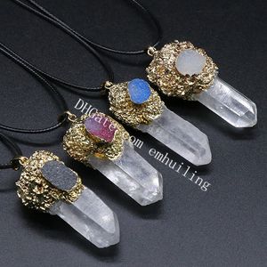 High Energy Druzy Stone Inlay Clear Quartz Point Pendant Guldpläterad Oregelbunden Natur Vit Kristall Rock Gemstone Pillar Drusy Agate Geode Pendants Halsband