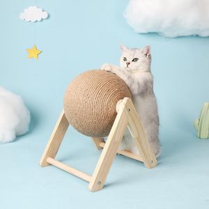 Cat Leksaker Scratcher Toy Natural Sisal Scratching Ball för och Kattungar Interaktivt Solid Wood Pet