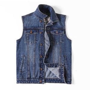 Mężczyźni Multi-Pocket Solidna Bez Rękawów Dżinsowa Kurtka Hip Hop Slim Blue Black Cotton Casual Dżinsy Kamizelki Waistcoats Plus Szie 6XL 7XL 211013