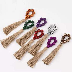 Wholesale Napkin Rings Farmhouse Natural Wooden Beads Tassels Napkins Holders Buckles for Wedding Dinner Party Table Decorations