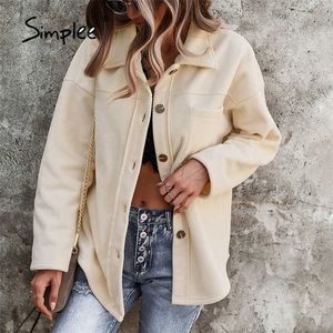 Shirt Collar Winter Autumn Sheepskin Coat Casual Long Sleeves Button Short Jackets Fashion Office Lady Women Outwear 211029