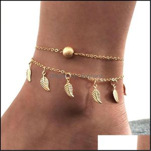 Anklets Jewelry Ethnic Style A Circle Pendant Leaf Double Layer Round Beads Foot Chains Women Female Beach Vacation Gold Anklet Europe Drop