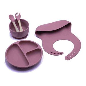 5PCS/Set Baby Feeding Tableware BPA Free Food Grade Silicone Bowl Bib Placemat Fork Spoon Feeding Set Baby Supplies G1210