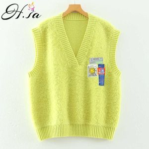 H.SA Women Sweater Vest for Spring Knitwear Cartoon Embroidery Pink Vest Sleeveless Sweater Knit Vest V neck Pull Jumpers 210716