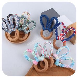 Baby Teethers Toys Rabbit ears Beech wooden Teether Hand-woven cotton rope Teething Ring Chewable Toy Infant Soother