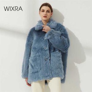 Wixra女性シープスキンウールコートレディース冬シングルブレスト本物の毛皮の毛皮の毛皮の外観オーバーサイズ暖かい高級オーバーコート211018