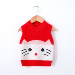 Cute Cat Baby Girls Swetry Kamizelka Jesień Zima Maluch Dzieci Swetry Miękkie Ciepłe Bez Rękawów Kamizelka Patchwork Sweter z dzianiny 210713