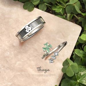 Thaya 100% S925 Sterling Prata Aberto Aberto Jóias Fine Elemento Oriental Clovers Flor Design Anéis para Mulheres Luxo 211217