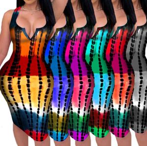 Women Printing Dress Designer Summer Tie Dye Print Stripe Sexy Deep V-neck Bag Hip Sleeveless Strap Dresses Casual Tight Bodycon Skirt