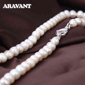 8MM White/Pink/Purple Natural Pearl 925 Silver 16/18/20 Inch Necklace Chain For Women Wedding Jewelry