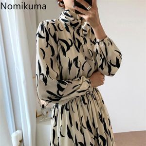 Nomikuma står krage båge knut spets upp elegant klänning kvinnor smal midja långärmad tryckta maxi klänningar vestidos mujer 3c618 210309