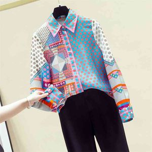 Autumn Blouse Patchwork Simulation Silk Shirt Female Top Korean Niche Polka Dot Long-Sleeved Blusa GX1438 210719