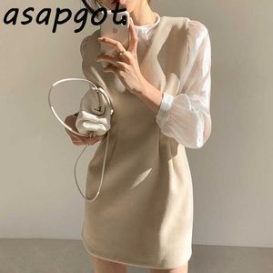 Asapgot Chic Korea Wild O Neck Puff Sleeve Bluse Frauen Transparente Tops V-ausschnitt Plissee Woolen Weste Kleid Frauen Mini Mode 210610