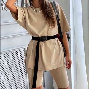 Casual Solid Women's Two Piece Suit with Belt Solid Color Home Loose Sports Fashion Leisure Suit Summer Clothing 210714