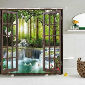 バスカーテン3D印刷窓の風景森のシャワーカーテン180 * 200cm防水バスルームカーテンフック211116