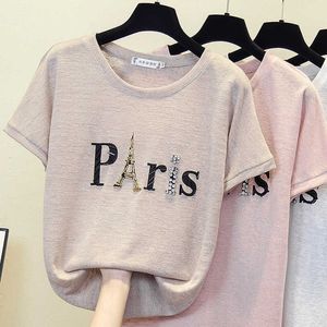 Zakresizei Paris Diamond Women Cienki sweter Pullover luźne swobodne krótkie rękaw o szyja literka kint t -shirt letnie swetry 210604