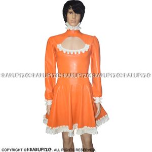 Wholesale uniform rubbers for sale - Group buy Orange And White Ruffles Sexy Latex Dress With Back Zippers Rubber Uniform Bodycon Playsuit