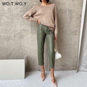 Wotwoy elegante emendado couro do plutônio calça de cintura alta senhora do escritório calças fomal feminino preto reto com bolsos 220211