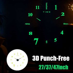 27/37/47 Inch Large Luminous Wall Clock Modern Design Watch Digital Large Big 3D DIY Home Decor Luminous Mirror Sticker Fashion 210930