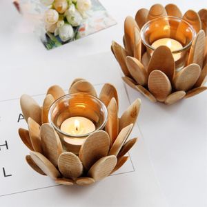 Candle Holders European Wooden Holder Lotus Petal-Shaped With Glass Cup Tea Light Bowl Nordic For Living Room Home Decoration