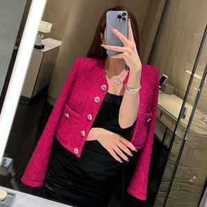 2023 New spring fashion women's o-neck long sleeve rose color tweed woolen short jacket coat high waist casacos SMLXL