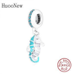 Fit Original Pandora Charm Armband 925 Sterling Silver Djur Blå Emalj Havshäst Sjöhäst CZ Stenpärlor Hänge Berloque Q0531