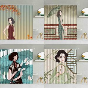 Shower Curtains Asian Beautiful Woman Chinese Classical Cheongsam Girl Bathroom Decor Hooks Set Waterproof Bath Screen