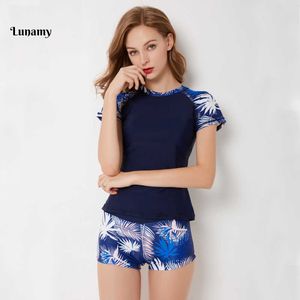 Lunamy S-4xl Short Sleeves Swimwear Two Piece Swimsuit Women Sexy Swim Beach Wear Plus Size Bathing Suit Floral Bodysuit Y19062801