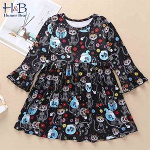 Girls Dress Autumn Fashion Christmas Halloween Cartoon Print Flare Long Sleeve Cotton Toddler Kid 2-6Y 210611