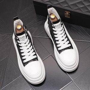 Estilo Britânico Preto High-top Wedding Dress Shoes Moda Branco Respirável Casual Sneaker Tênis De Couro Masculino Skate Tendências Caminhadas Caminhadas