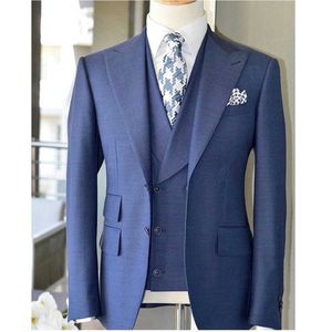 Lacivert Business Erkekler Slim Fit Suits 3 Parça Örgün Damat Smokin Düğün Erkek Moda Ceket Yelek Pantolon Ile X0909