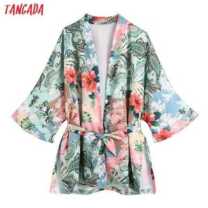 Tangada mulheres flor impressão kimono blusa com slash chique feminino senhora casual camisa de grandes dimensões tops CE163 210609