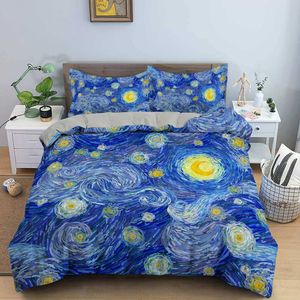 3D artística roupa de cama king size van Gogh estilo céu pintura de pintura a óleo impresso capa de edredão com fronha conjunto 2/3 pc 210615