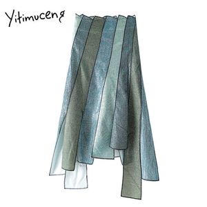 Yitimuceng تنورة غير النظامية النساء مخطط سليم ألف خط ارتفاع الخصر منتصف العجل الملابس الربيع الصيف الكورية الأزياء التنانير 210601