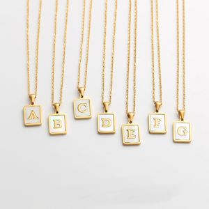 2021 Trend A-Z Alphabet Square Initial Natural Shell Letter Necklaces for Women Minimalist Stainless Steel Jewelry