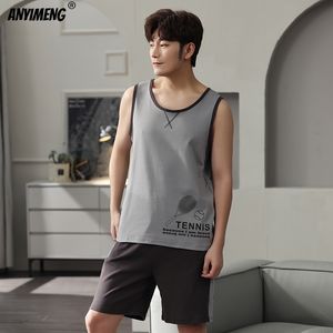 男性パジャマ青年男性の家庭用ファッションデザイナーPajamas Cami PJ Selt 3xl 100％コットン夏ショーツスリーウェアカジュアルパジャマセット210812