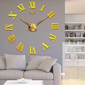 Romerska Numerala Stora Akryl Spegel Väggklocka DIY Quartz Watch Single Face Clocks Modern Heminredning Vardagsrum Klistermärken