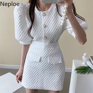 Neploe 2 Piece Set Women Office Lady Elegant Puff Tops Bodycon Mini Skirt Outfits Summer Korean Suit Vintage Two Pieces Sets 220302