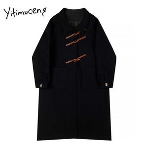 Yitimuceng Horn Button Coats och Jackor Kvinnor Fall Kläder Svart Cashmere Vintage Avstängning Krage Ullblandningar Vår 210601