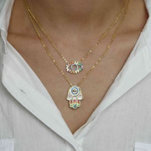 Bourkish Hamsa Hand Evil Eye Tassel Layered Gold Necklace Rainbow CZ Choker Pendant Women Neck Collier