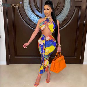 Haoyuan Sexy Tie Dye Two Piece Detrset Off Schulter Crop Top Bandage Midi Kleider für Frauen Sommerurlaub Outfits Clubwear X0709