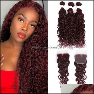 Human Hair Bks Remy & Virgin Products 99J Bury Red Brazilian Bundles With Closure 4X4 Water Wave 3 Weave Kemy Drop Delivery 2021 Ejowi on Sale