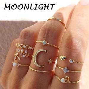 MOONLIGHT Bohemian Gold Chain Rings Set For Women Fashion Boho Coin Snake Rings Party Trend Jewelry Gift EMO Igirl Metal Ring G1125