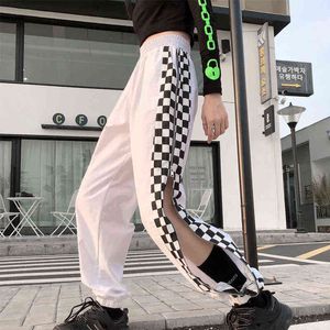 Plaid joggers byxor y2k sida dragkedja hip-hop byxor hajuku baggy casual byxor kvinna 2020 nya vita sweatpants kvinna sexig y211115