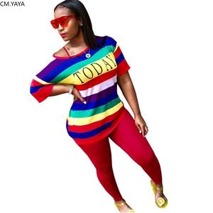 Höst Sporting Women Set Rainbow Striped Letter Print T-shirt Skinny Pencil Byxor Suit Two Piece Set Elegant Tracksuit GL136 211105