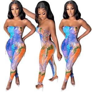 Jumpsuit das Mulheres 2022 Tendências Moda Casual Pintura a Óleo Impressão Lace Up Verão Novos Macacões Sexy Calças De Palha Bodysuit Slim Tracksuits Uma cor